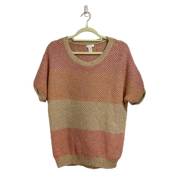 Chico’s Peach Metallic Knit Short Sleeve Sweater Sz L - Picture 1 of 11